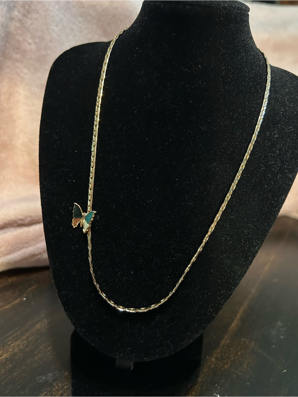 Vintage Avon Gold Butterfly Accent Necklace with Teal Inlay